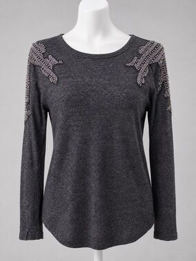 Zara Charcoal Gray Beaded Shoulder Sweater | Size 8